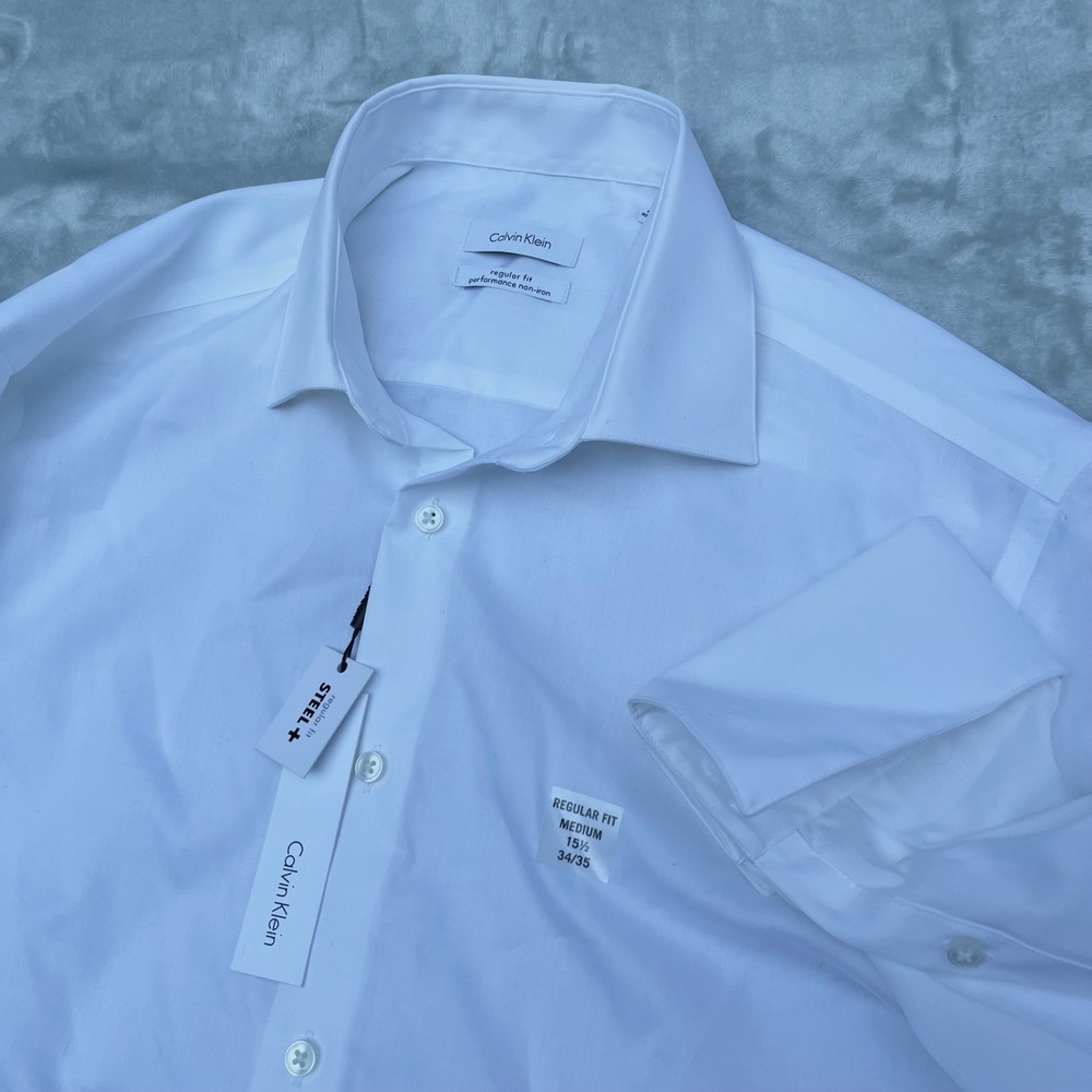Calvin Klein Mens Steel+ Regular Fit Non-Iron Dress Shirt White 15.5 34/35 Med.